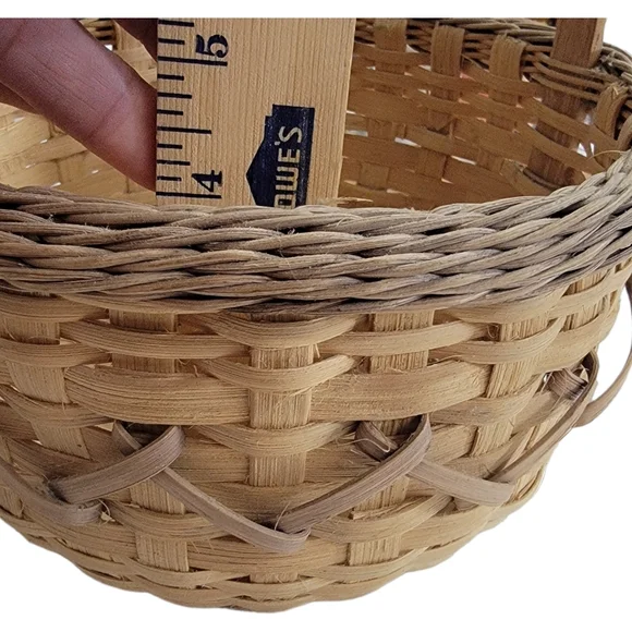 Basket Woven Brown Tall Single Oak Handle Decorative 8" x 7" Vintage Sturdy. - Picture 7 of 8